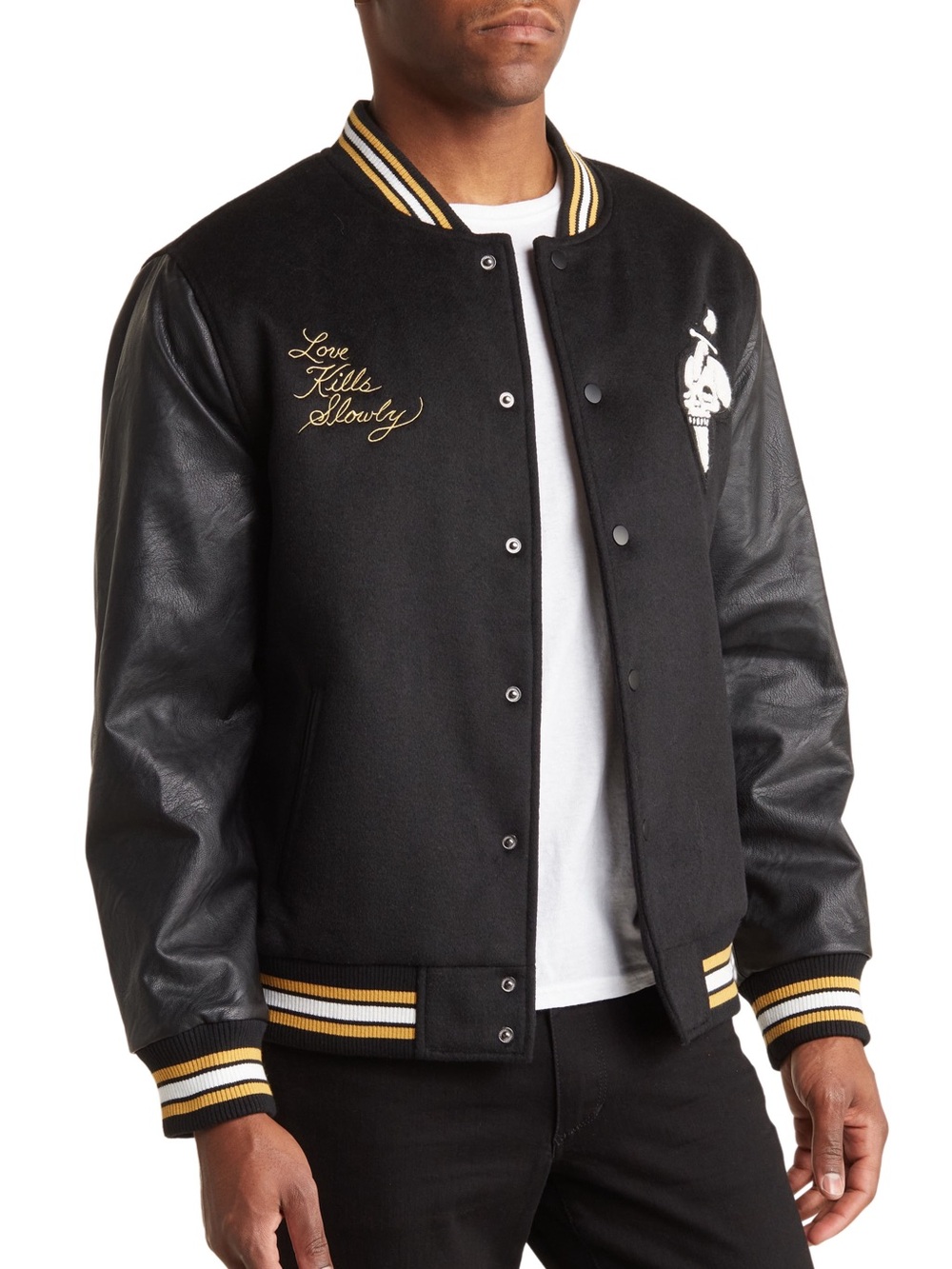 ED HARDY WOOL BLEND FAUX LEATHER EMBROIDERED PANTHER BLACK VARSITY JACKET M NWT